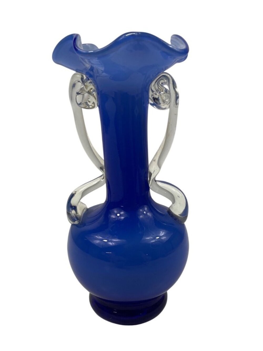 Handmade Cobalt Blue Glass Vase With Clear Swirl Handles & Ruffled Rim - Picture 6 of 12